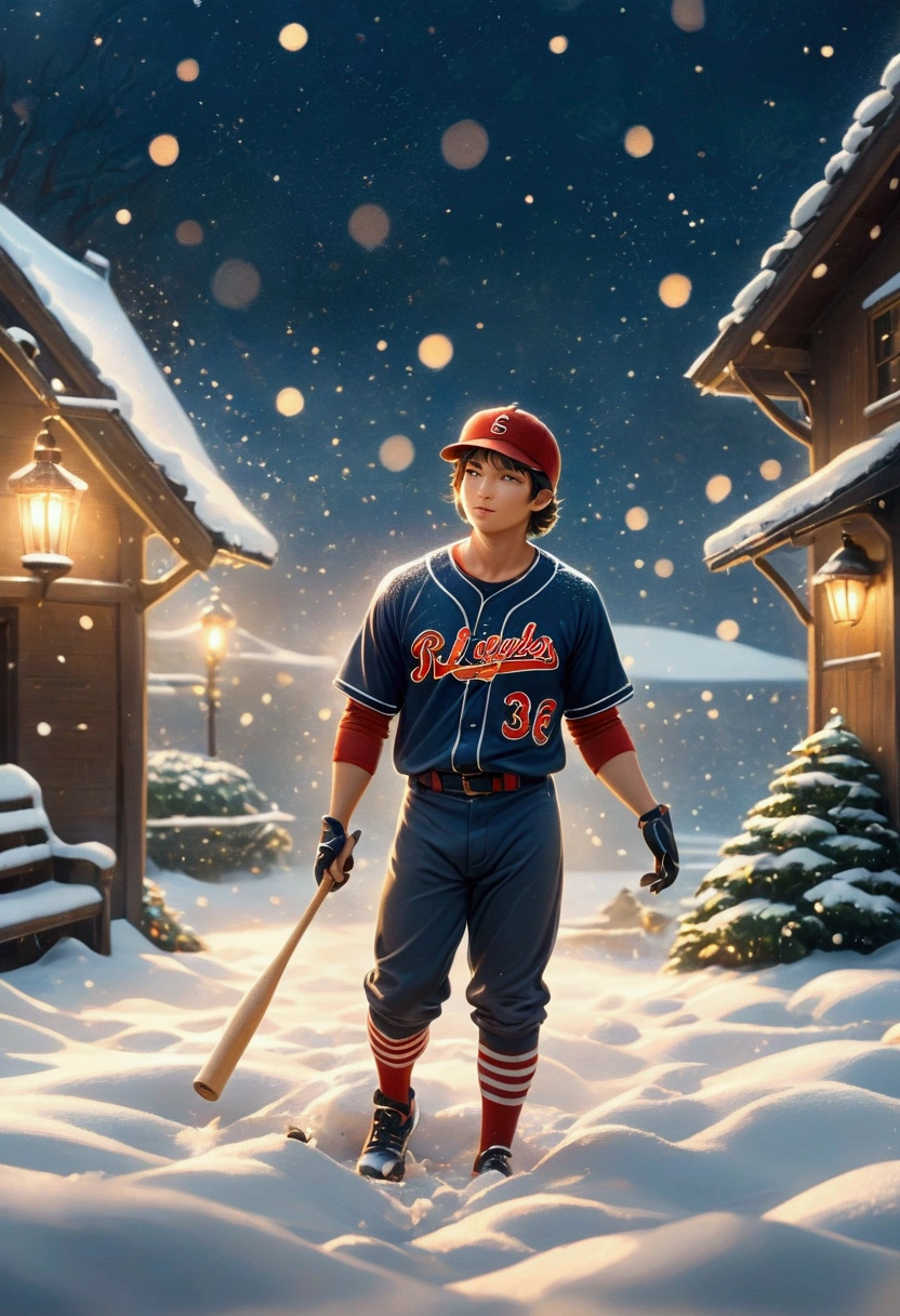 baseball player in the snow,snow,(((Romantic atmosphere)))(((fairy tale elements)))(((masterpiece))), ((best quality))