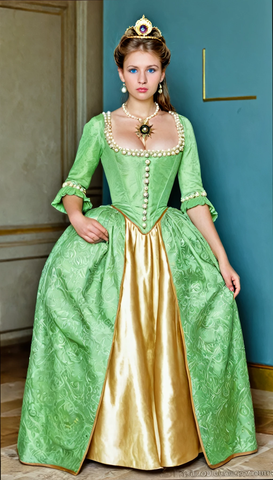 Front view , looking at viewer ,Full-body, holding wooden compass, Empire of Austria -Hungary girl, 26 age old, (Light brown hair, middle hair , wince, Green eyes, beautiful lip, serious), (Pearl crescent earrings, Pearl and gold neckless, tiara with Dimond ), (big breasts, slender whist, wide hip) ,(Rococo 18the century dress), Green base dress and skirt, (Blue Sinister:1.5), decoration medal on left belly , in Palace, in Austria, textured skin , HI detailed skin, (foreshortening, Canon, UHD, anatomically correct, super detail, high details, highness ,Background art a pyramid with the Eye of Providence