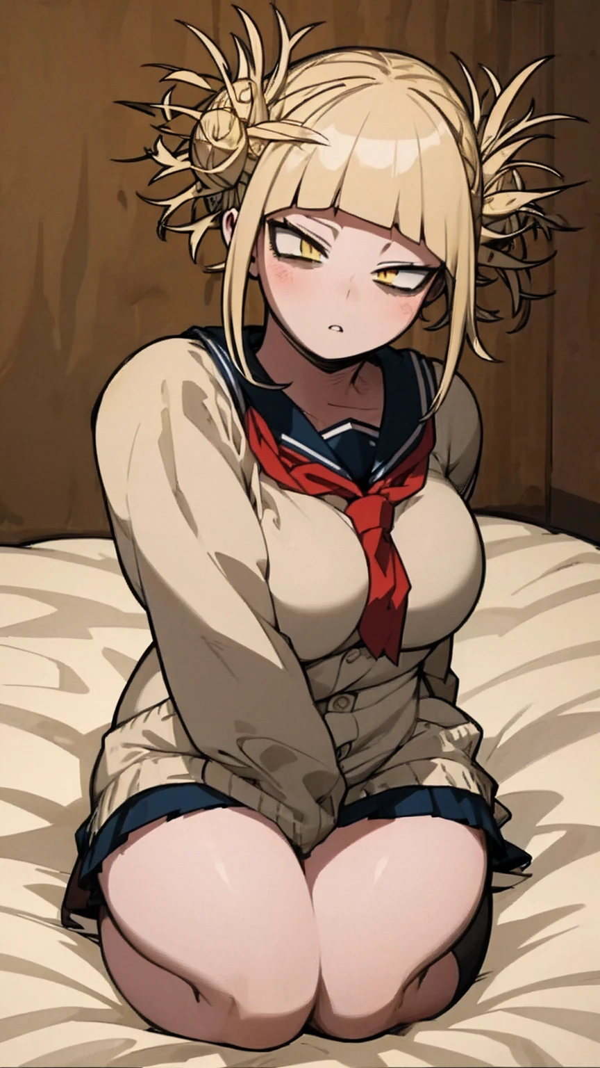 masterpiece, best quality, ultra-detailed, Potrait of beautiful , (chubby), (plump), (sexly), (Breasts), (Plump), (overweight), (Blonde), ((Saggy breasts)), (yellow eyes), (toga himiko), fullbody)