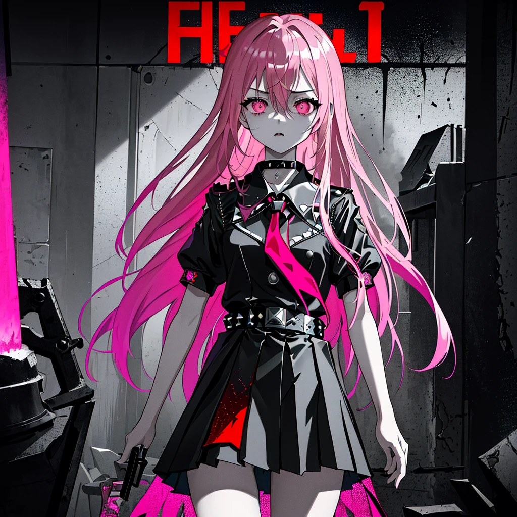 ((top-quality)), ((​masterpiece)), ((Ultra-detail)), (extremely delicate and beautiful),(((Dramatic)))、(((gritty)))、(((vehement)))Movie poster featuring a young woman as the main character。Beautiful long pink hair、Magazine Art、She wears stylish and edgy clothes、Stand confidently in the center of the poster。Dressed in costume、I have a look of determination on my face。The background is dark and gritty.、Feeling danger and intensity。Text is bold and attention-grabbing、The catchy tagline is、Enhances the overall sense of drama and excitement。The color palette is predominantly bright、studded with saturated bright colors.、It gives the poster a dynamic and visually striking look。a miniskirt、Uniforms、Black Choker
