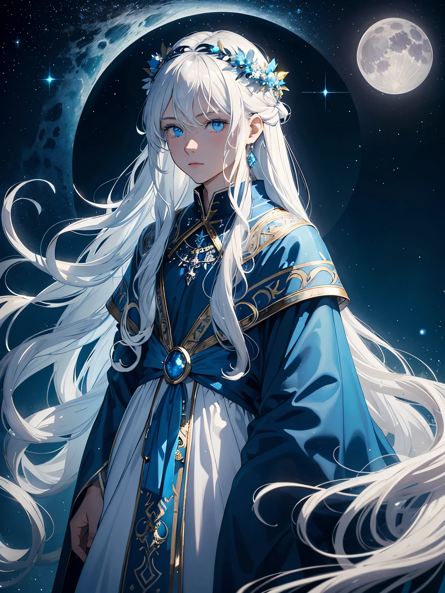 King of the moon. Long hair. long white hair. aquatic, boy, Goddess of the Moon, silver hair accessories, White hair, blue flowers. Blue lights. blue dress, cape, at night, saturated colors, light eyes, bright, light blue light, blue eyes, Jewelry silver