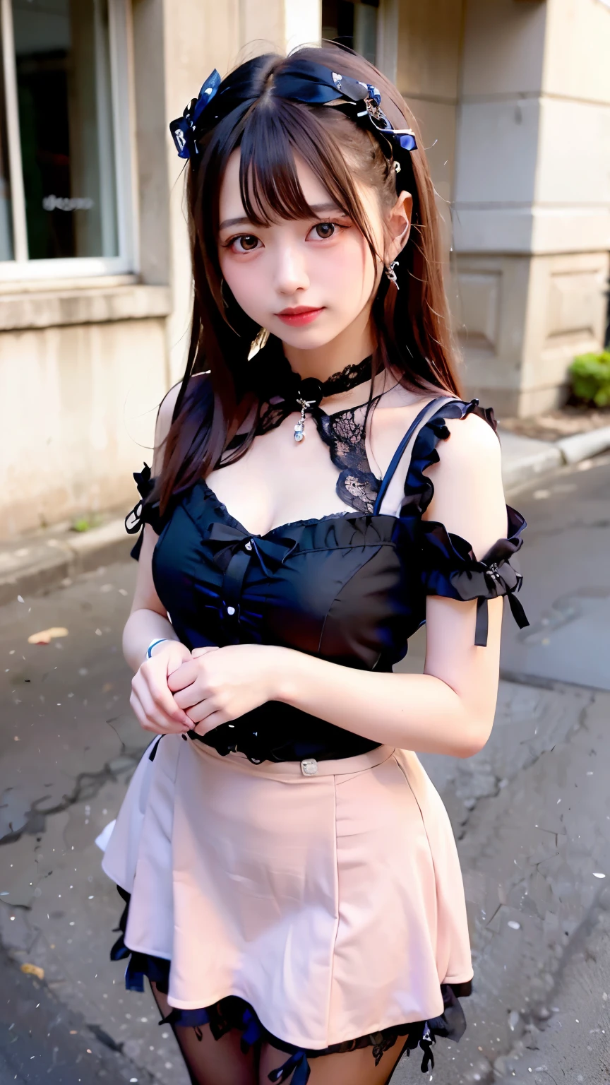 (Realistic, photo-Realistic:1.37), Unbelievably absurd, (Very detailed:1.3), 8K, (masterpiece), (Highest quality:1.4), (Ultra-high resolution:1.2), (RAW Photos:1.2), Very detailed背景, (unity 8K wallpaper), 1 nogizaka girl, very cute, (bishojo:1.35), (17yo:1.4 (white, Black and pink mine fashion), (Delicate and beautiful face, eye, skin), (Beautiful dress with intricate details), Gothic Maid, (Open chest), (Thick black shiny hair), (Elegant frills), (Blue rose hair accessory), (Smiling for the camera), whole body, Street view, Professional Lighting, 1 Girl, (Light pink hair)