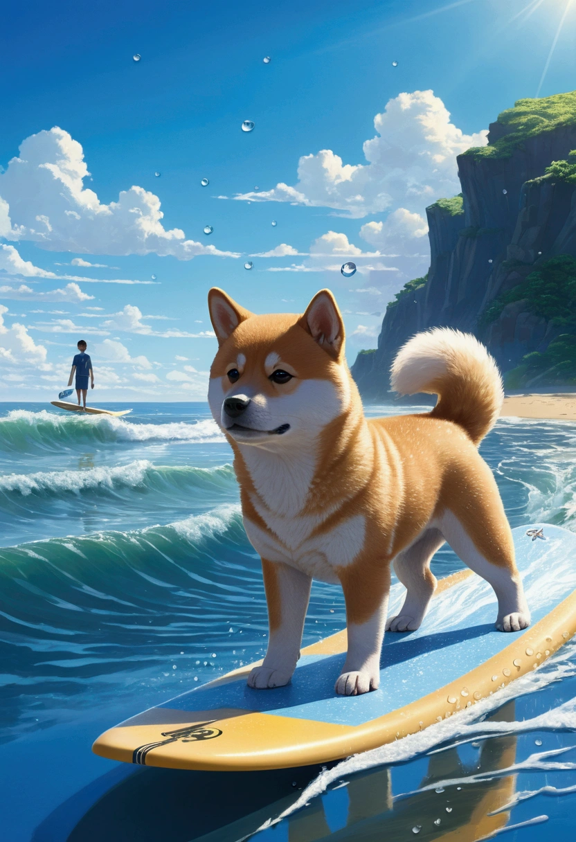 Makoto Shinkai Taste, Beautiful blue sky, Shining Sun,Shiba Inu puppy surfing, water droplets,Healing scenes,Wide angle、Coastline in the distance,