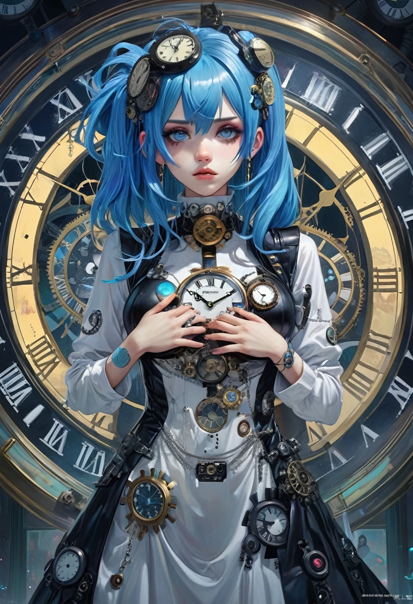 A girl with blue hair and a hair accessory、Gothic style body dress、When you gaze into the infinite time、Finite time disappears、Ultra Realistic、A pile of super-detailed clocks、cyber punk、mikudayo、Detailed portrait、Beautiful artスタイル、Beautiful art