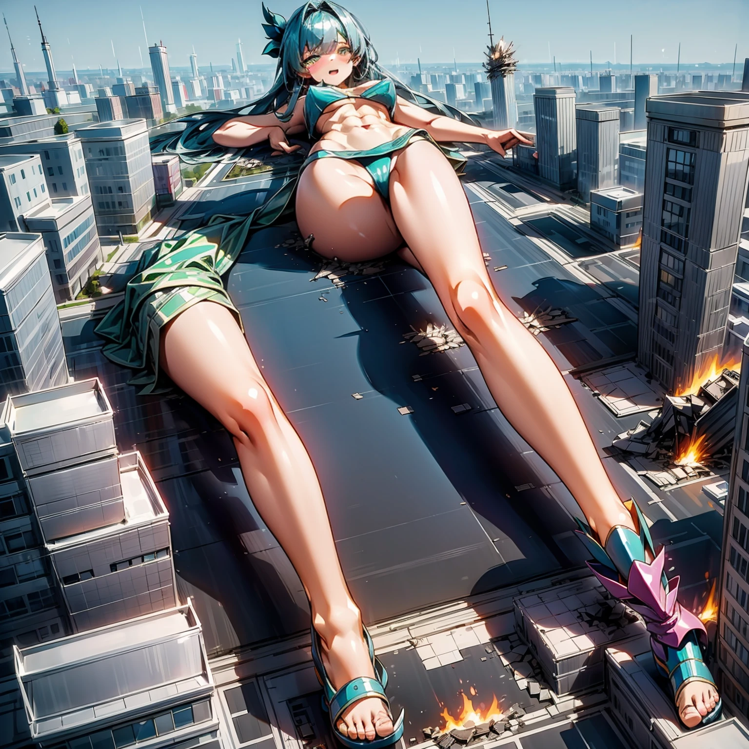 Giantess, long sexy legs, yellow hair, bikini,lying on top of destroyed buildings, city at her feet burns in flames for the destruction she has caused, tiny people climb on her body to try to defeat her uselessly. Giantess, goddess, macrophilia, curvaceous body, hentai, fetish, sexy legs, bikini, high heels, high quality, tiny people, people climbing body, giantess body, small people