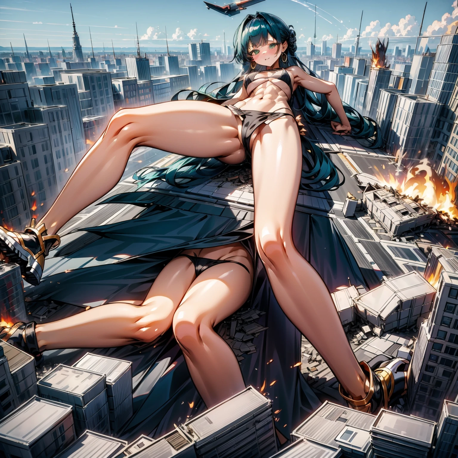 Giantess, long sexy legs, yellow hair, bikini,lying on top of destroyed buildings, city at her feet burns in flames for the destruction she has caused, tiny people climb on her body to try to defeat her uselessly. Giantess, goddess, macrophilia, curvaceous body, hentai, fetish, sexy legs, bikini, high heels, high quality, tiny people, people climbing body, giantess body, small people