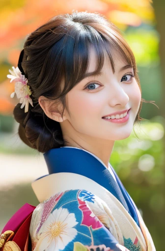 (Light makeup)、(top-quality,​masterpiece:1.3,超A high resolution,),(Ultra-detail,Caustics),(Photorealsitic:1.4,RAW shooting,)Ultra-realistic capture,（32ｋ,high detal,high-detail、​masterpiece,Attention to detail,full body Esbian,solo,Lori：1.6),Raw photo & realistic atmosphere,beautiful dark blue eyes,Detailed mouth,Glossy lips,Detailed eyebrows,Eyes drawn in detail with soft white skin that shines with every detail)、、 (Skin texture is natural、、The skin looks healthy with an even tone、 Use natural light and color, japanese, A dark-haired, long hair,(depth of fields、realisitic、8K UHD、hight resolution、(1girl in:1.2)、The ultra-detailliert、High quality textures、very detailed CG、High quality shadows, A dark-haired、Kyo-Yuzen、blue Kimono、park background , (Super cute face in idol style:1.4)、slim and beautiful figure、A smile、full body Esbian:1.2, Japanese woman in kimono, 25 years old, autumn , standing under falling leave, big smile, kimono