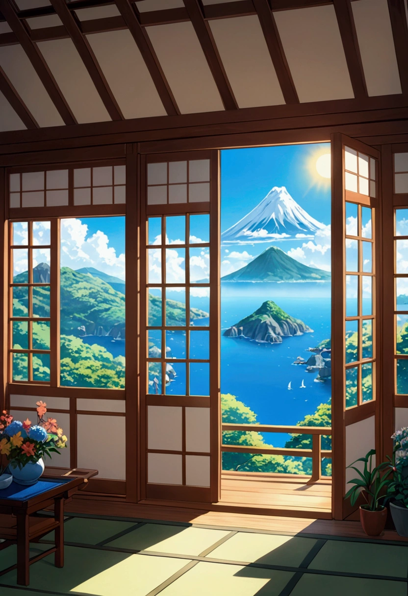 Summer Morning、The sun shines、Japanese mountain house、((Ghibli anime)）、blue sea、background, Fantasy, wonderful,