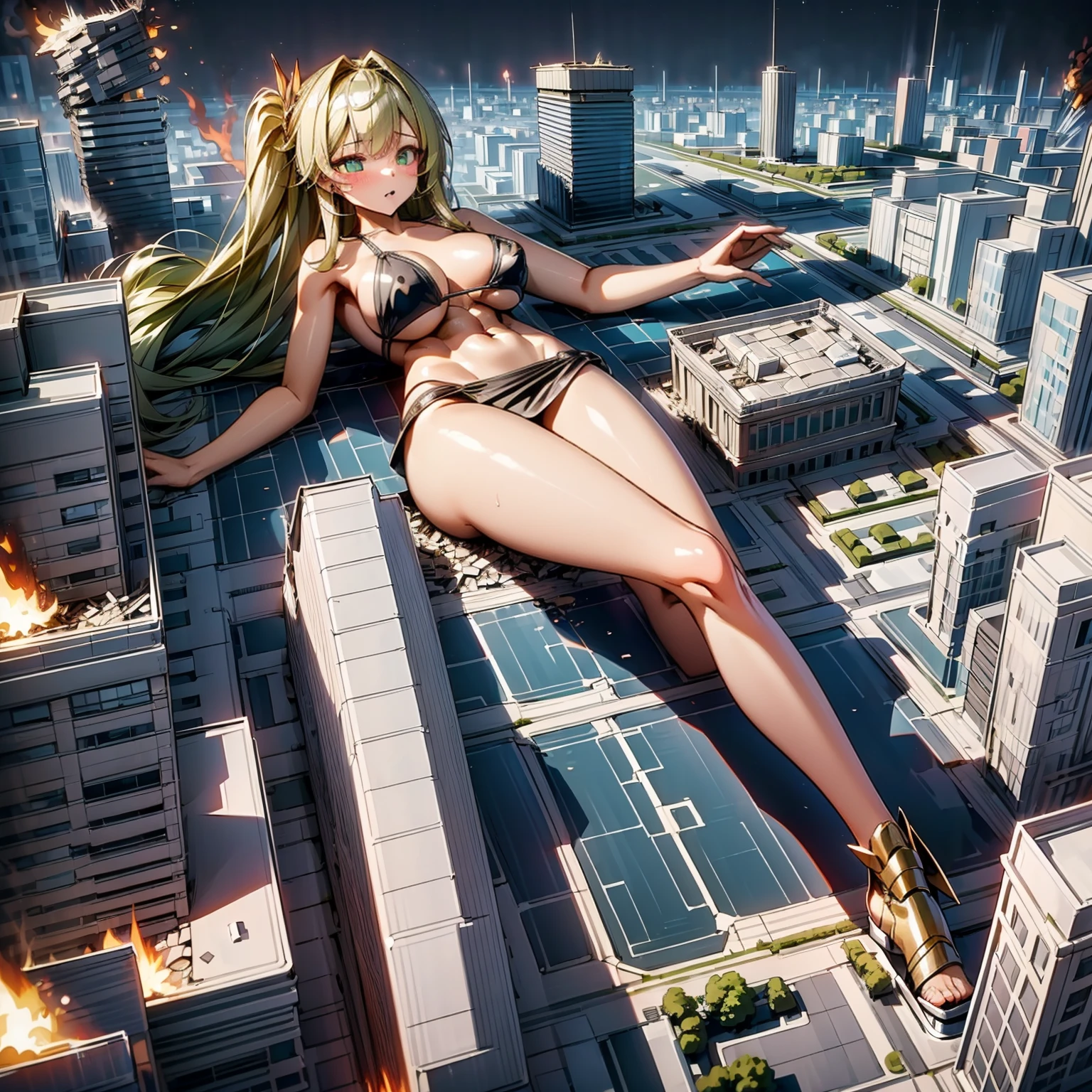 Giantess, long sexy legs, yellow hair, bikini,lying on top of destroyed buildings, city at her feet burns in flames for the destruction she has caused, tiny people climb on her body to try to defeat her uselessly. Giantess, goddess, macrophilia, curvaceous body, hentai, fetish, sexy legs, bikini, high heels, high quality, tiny people, people climbing body, giantess body, small people
