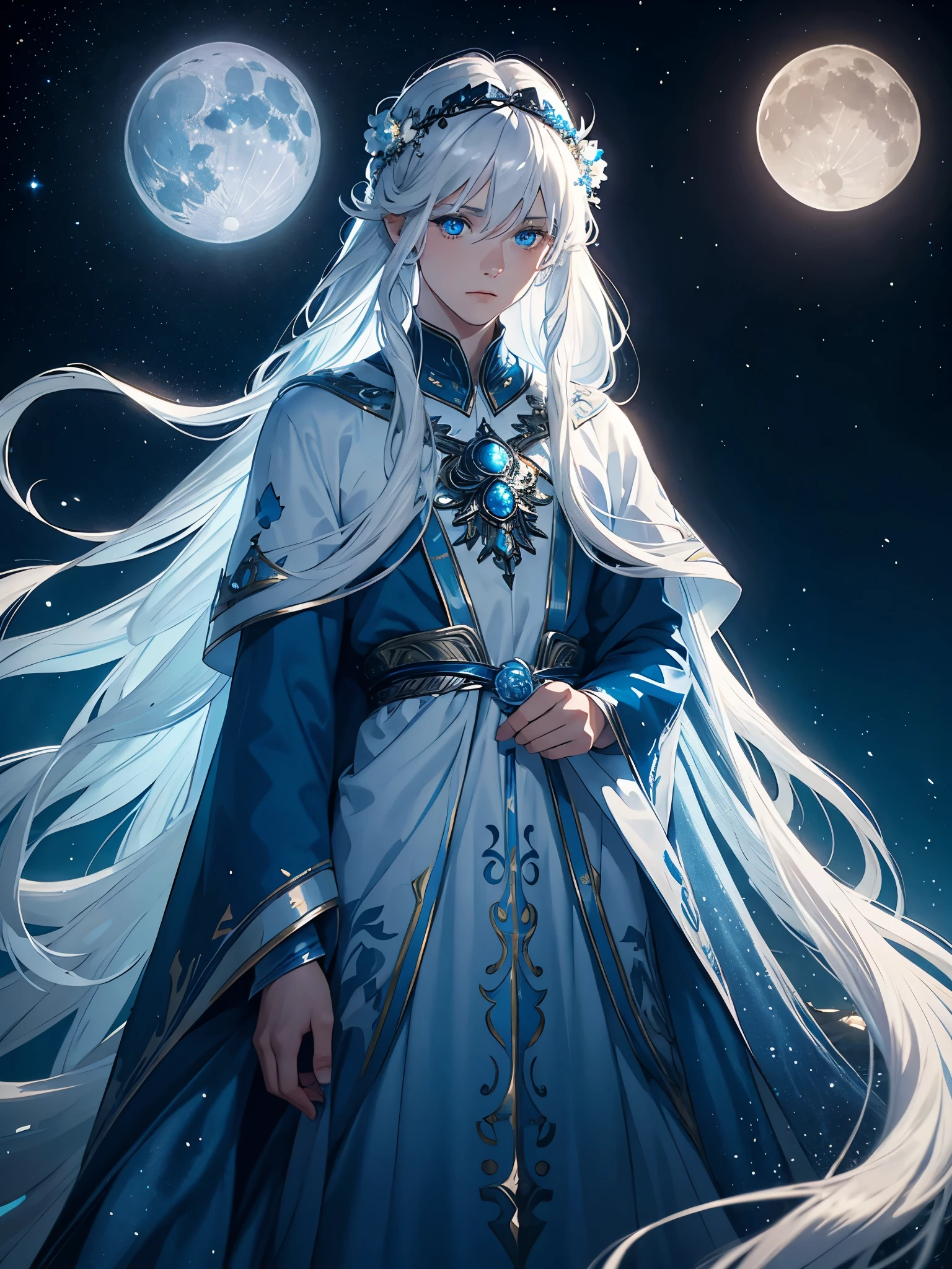 King of the moon. Long hair. long white hair. aquatic, boy, Goddess of the Moon, silver hair accessories, White hair, blue flowers. Blue lights. blue dress, cape, at night, saturated colors, light eyes, bright, light blue light, blue eyes, Jewelry silver