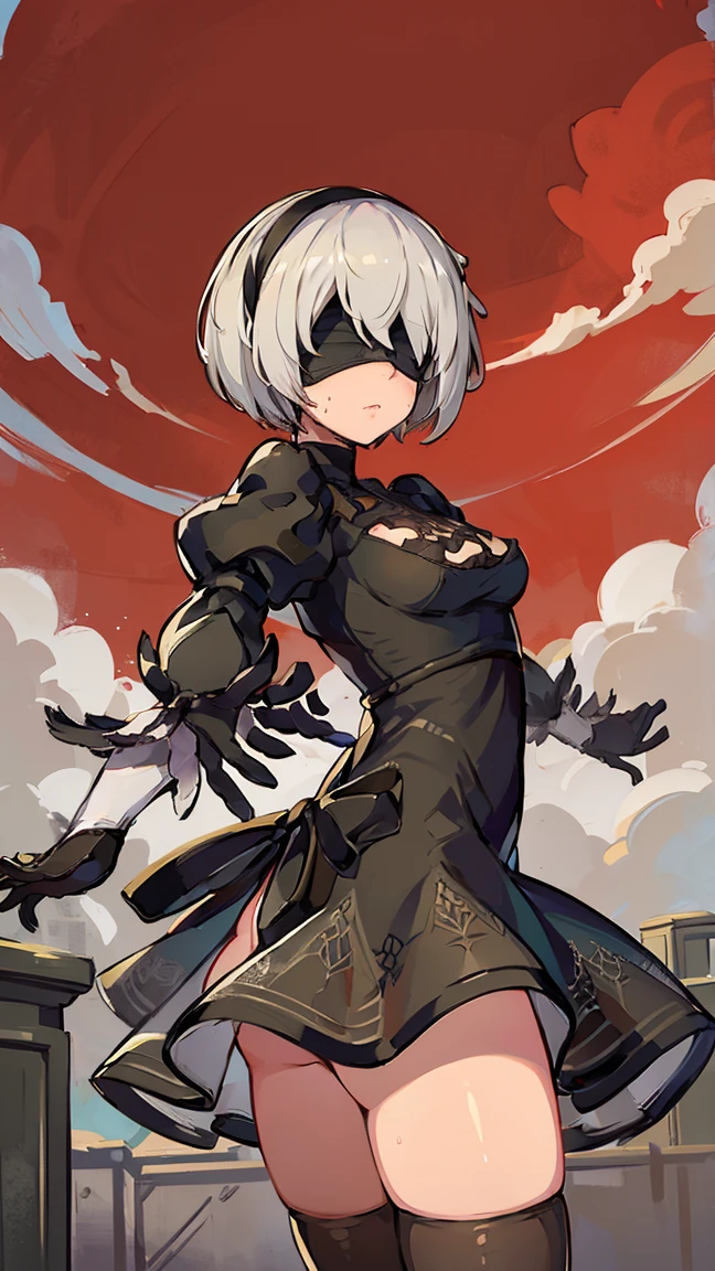 (Highest quality, 8K, masterpiece :1.3),2b,nier:Automata,Ass, One woman,,30 years old,Mom,Gray Hair,nsfw,Alluring expression,Sexy pose,Blindfold