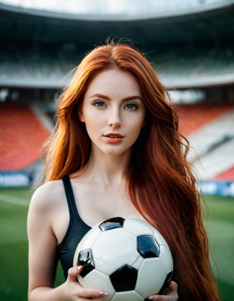 ultra realistic, photography, long red hair, girl, 24 years old, hourglass figure, perfect body, Flirty look, beautiful detailed woman, intricate and detailed face, long lush hair, soft lighting, photorealistic, high quality, cinematic, dramatic, warm color tones, facing the camera, Nikon z fx, lens 35 mm, blur background, at a soccer stadium, she is in tight sports attire, she is holding a football in her hands