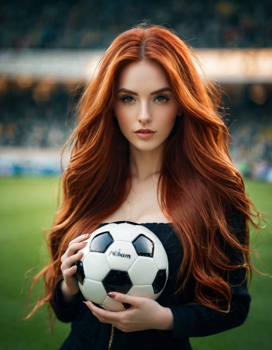 ultra realistic, photography, long red hair, girl, 24 years old, hourglass figure, perfect body, Flirty look, beautiful detailed woman, intricate and detailed face, long lush hair, soft lighting, photorealistic, high quality, cinematic, dramatic, warm color tones, facing the camera, Nikon z fx, lens 35 mm, blur background, at a soccer stadium, she is in tight sports attire, she is holding a football in her hands