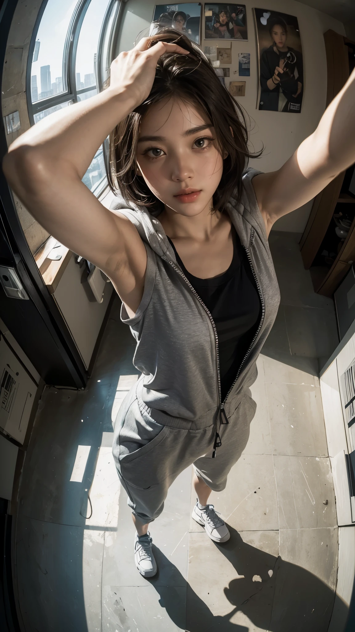 masterpiece, Highest quality, Very detailed, 8K, Realistic, One Girl, alone, ((Facial Up:1.4)),Tomboy, Very detailed face, (Selfie taken from above with a fisheye lens:1.4), Standing in front of a wall covered in hip hop graffiti, Short-cut gray hair, He is wearing a short tank top and an open-zipped hoodie...,I can see your chest,Oversized sweatpants,Wear a New Era cap,Look forward