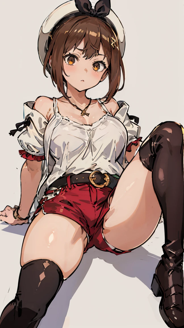 (Highest quality, 8K, masterpiece :1.3),Lizaリン・シュタウト(Lizaのアトリエ),Liza, One woman,Large ,short hair,Brown Hair,hair band,Clothing,hat,White shirt,White camisole,Red shorts,Brown long boots,Full Nelson,Leg spread,nsfw,Plump body,Thighs