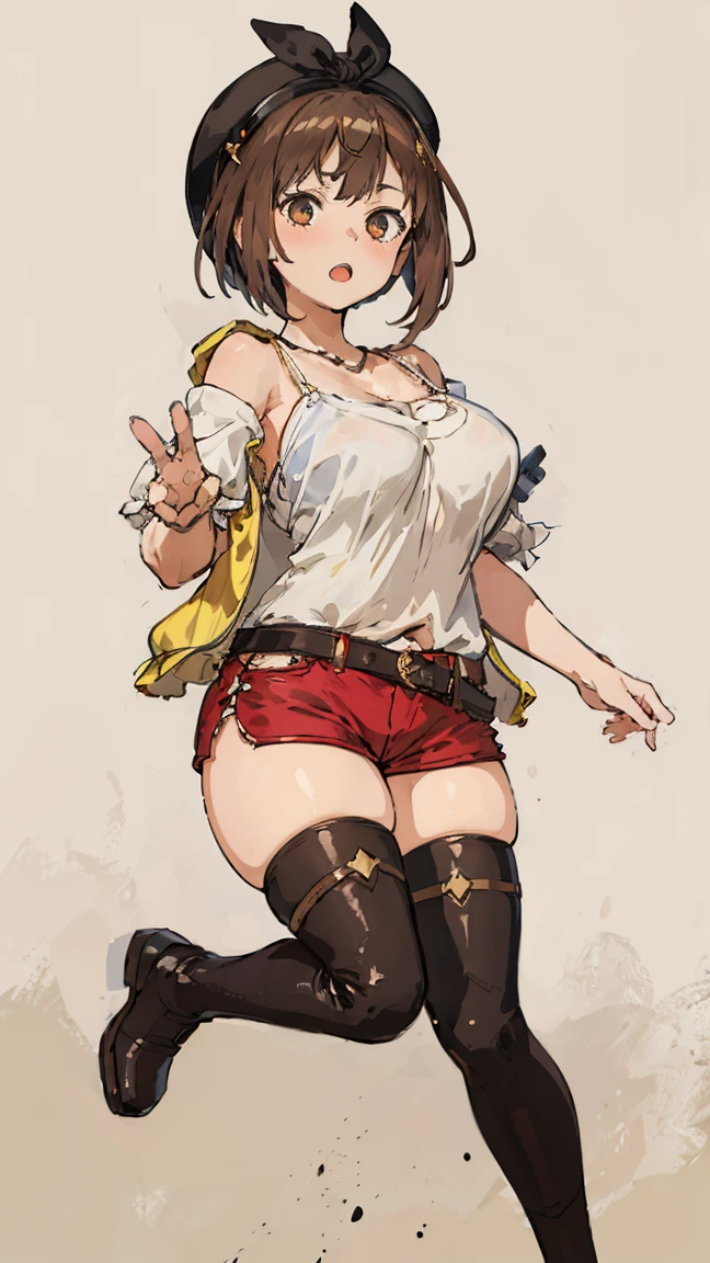 (Highest quality, 8K, masterpiece :1.3),Lizaリン・シュタウト(Lizaのアトリエ),Liza, One woman,Large Breasts,short hair,Brown Hair,hair band,Clothing,hat,White shirt,White camisole,Red shorts,Brown long boots,Full Nelson,Leg spread,nsfw,Plump body,Thighs