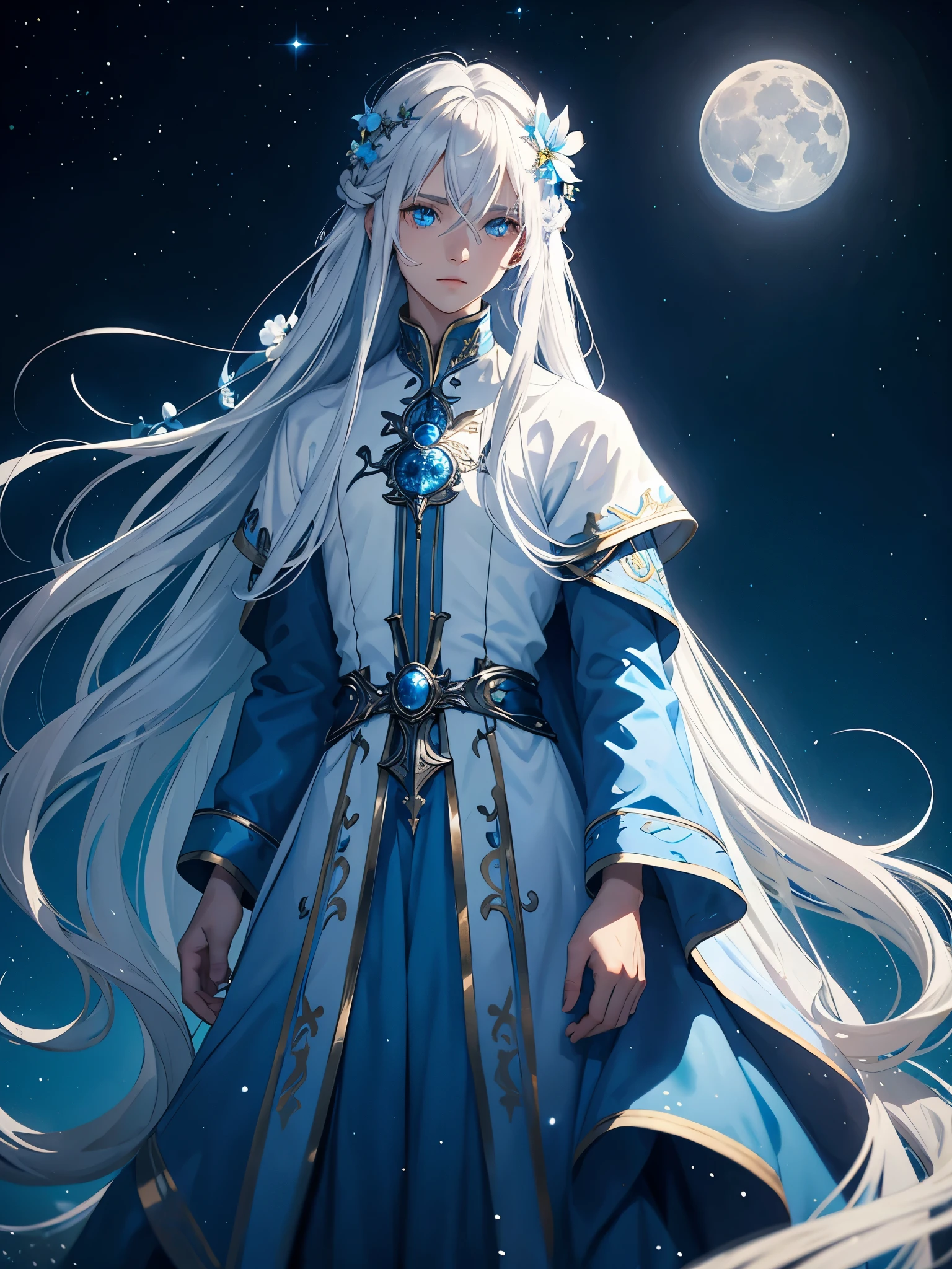 King of the moon. Long hair. long white hair. aquatic, boy, Goddess of the Moon, silver hair accessories, White hair, blue flowers. Blue lights. blue dress, cape, at night, saturated colors, light eyes, bright, light blue light, blue eyes, Jewelry silver