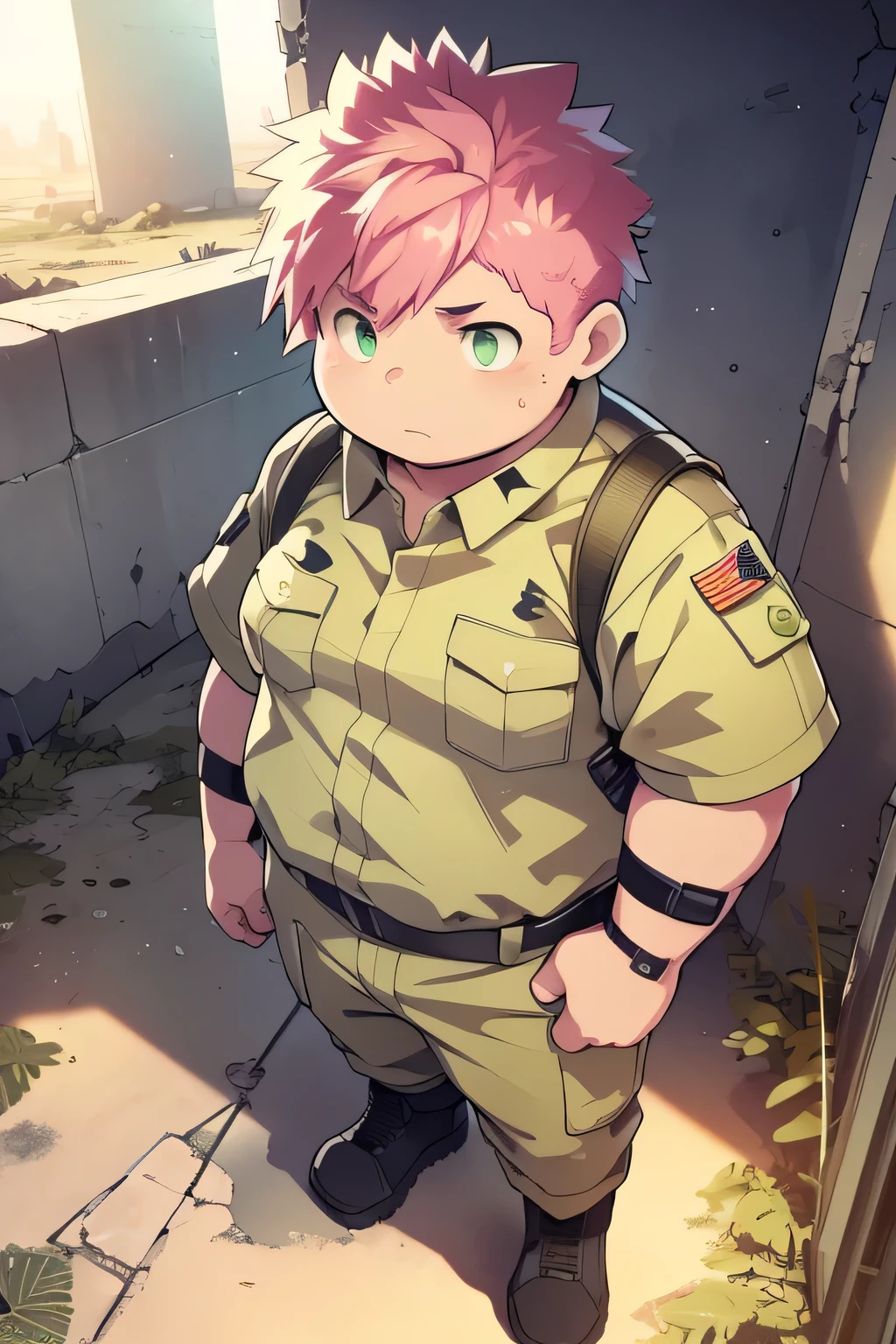 a chubby boy with neon green eyes, pink hair, wearing a camouflage military uniform, looking up at the sky with a confused expression, full body shot, overhead view, a desolate wasteland background, hyperrealistic, 8k, high quality, intricate details, dramatic lighting, moody atmosphere, cinematic composition, vibrant colors, gritty dystopian aesthetic