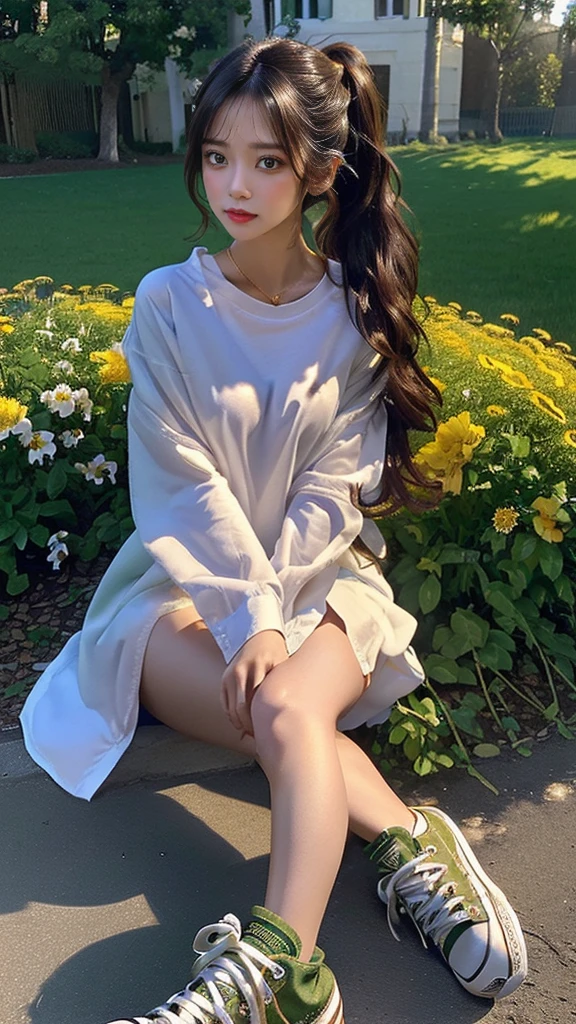 ((masterpiece, Best quality, a high resolution, ultra detailed),(beautiful and aesthetically pleasing:1.2), 1 woman, adult, perfect body, Wavy dark hair, green eyes, high short ponytail, Beautiful, Detailed eyes and face, long oversized shirt, Converse sneakers, golden hour, Field of Flowers, complex parts