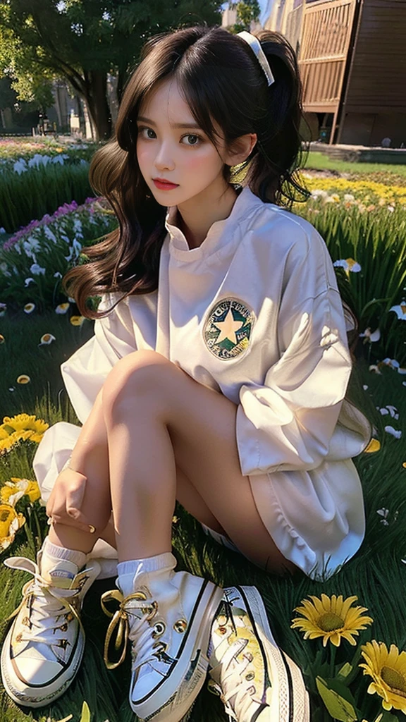 ((masterpiece, Best quality, a high resolution, ultra detailed),(beautiful and aesthetically pleasing:1.2), 1 woman, adult, perfect body, Wavy dark hair, green eyes, high short ponytail, Beautiful, Detailed eyes and face, long oversized shirt, Converse sneakers, golden hour, Field of Flowers, complex parts
