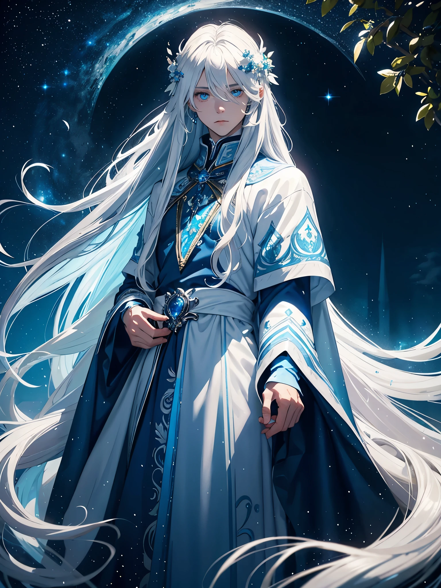King of the moon. Long hair. long white hair. aquatic, boy, Goddess of the Moon, silver hair accessories, White hair, blue flowers. Blue lights. blue dress, cape, at night, saturated colors, light eyes, bright, light blue light, blue eyes, Jewelry silver