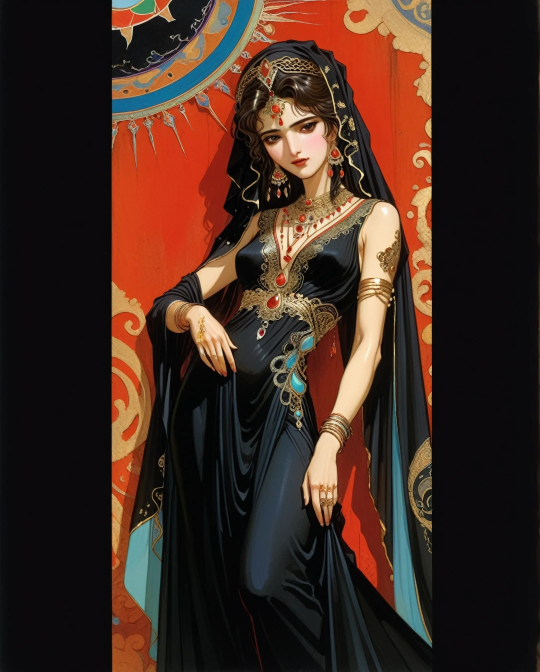 Art style by Akihiro Yamada, Art style by Suehiro Maruo, Art style by Ayami Kojima, (Masterpiece, Top Quality, Super Detail, High Resolution, Best Illustration), Create an exquisite digital painting of a beautiful Saudi Arabian Bedouin female maiden, depicted in a full-body pose wearing a flowing black long dress. The dress should feature highly detailed, intricate alien motifs that blend traditional elements with a futuristic flair.Set her against a striking red and black aesthetic background that enhances the visual impact of the scene. Focus on achieving perfect composition with smooth, sharp focus throughout the illustration. Draw inspiration from the styles of Victo Ngai, Michael Garmash, Jean Baptiste Monge, and H. R. Giger, incorporating a shiny aura around her that signifies her unique essence.This piece should be a trending concept art creation, showcasing exceptional detail and artistry, captivating the viewer with its enchanting blend of cultural and otherworldly elements.