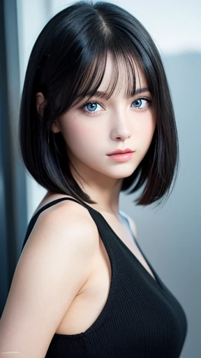((masterpiece))) whole body, (One Girl) ((Black Hair,Straight hair, Short Bob))), blue eyes, Beautiful Eyes, 18-year-old girl.AKB