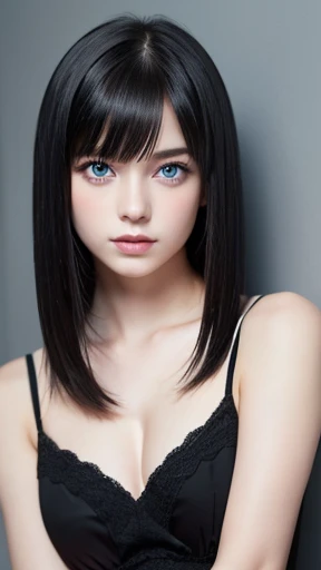 ((masterpiece))) whole body, (One Girl) ((Black Hair,Straight hair, Short Bob))), blue eyes, Beautiful Eyes, 18-year-old girl.AKB