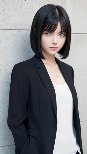 ((masterpiece))) whole body, (One Girl) ((Black Hair,Straight hair, Short Bob))), blue eyes, Beautiful Eyes, 18-year-old girl.AKB