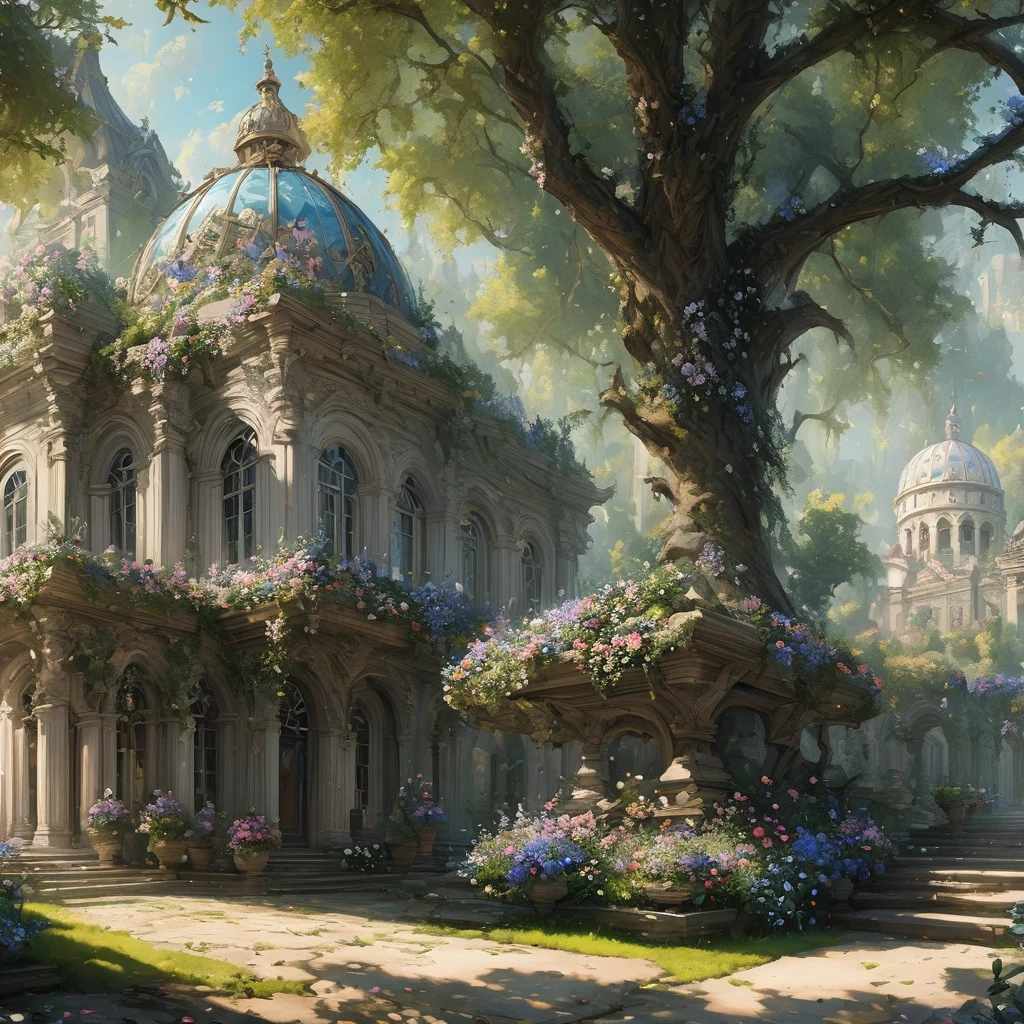 (masterpiece:1.3),(Highest quality:1.4),(Super detailed:1.5),High resolution,Very detailed,unity 8k wallpaper,landscape,Rococo building,Flowers and trees