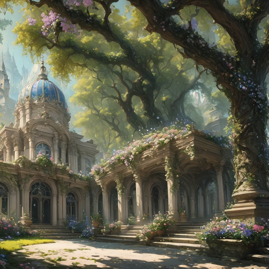 (masterpiece:1.3),(Highest quality:1.4),(Super detailed:1.5),High resolution,Very detailed,unity 8k wallpaper,landscape,Rococo building,Flowers and trees