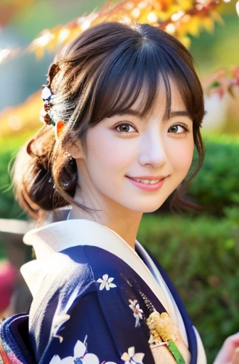 (Light makeup)、(top-quality,masterpiece:1.3,超A high resolution,),(Ultra-detail,Caustics),(Photorealsitic:1.4,RAW shooting,)Ultra-realistic capture,(32k,high detal,high-detail、masterpiece,Attention to detail,full body Esbian,solo,Lori:1.6),Raw photo & realistic atmosphere,beautiful dark blue eyes,Detailed mouth,Glossy lips,Detailed eyebrows,Eyes drawn in detail with soft white skin that shines with every detail)、、 (Skin texture is natural、、The skin looks healthy with an even tone、 Use natural light and color, japanese, A dark-haired, long hair,(depth of fields、realisitic、8K UHD、hight resolution、(1girl in:1.2)、The ultra-detailliert、High quality textures、very detailed CG、High quality shadows, A dark-haired、Kyo-Yuzen、blue Kimono、park background , (Super cute face in idol style:1.4)、slim and beautiful figure、A smile、full body Esbian:1.2, Japanese woman in kimono, 25 years old, autumn , standing under falling leave, big smile, kimono