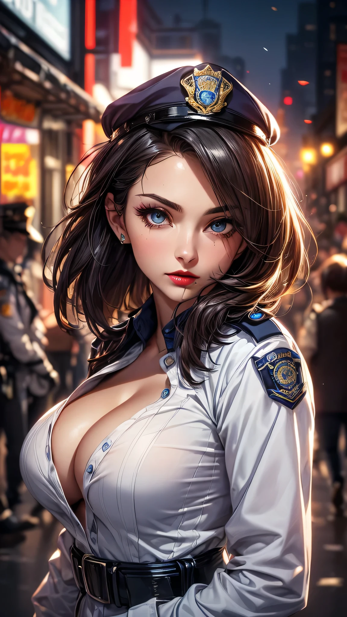 ((best quality)), ((highly detailed)), masterpiece, (detailed eyes, deep eyes), (1girl), upper body, Cop, police uniform, vest, belt, necktie, necktie between breasts, collared shirt, cleavage, midriff, thighhighs, highleg bikini, high heels, gloves, outside, in a town, at night, neon lights