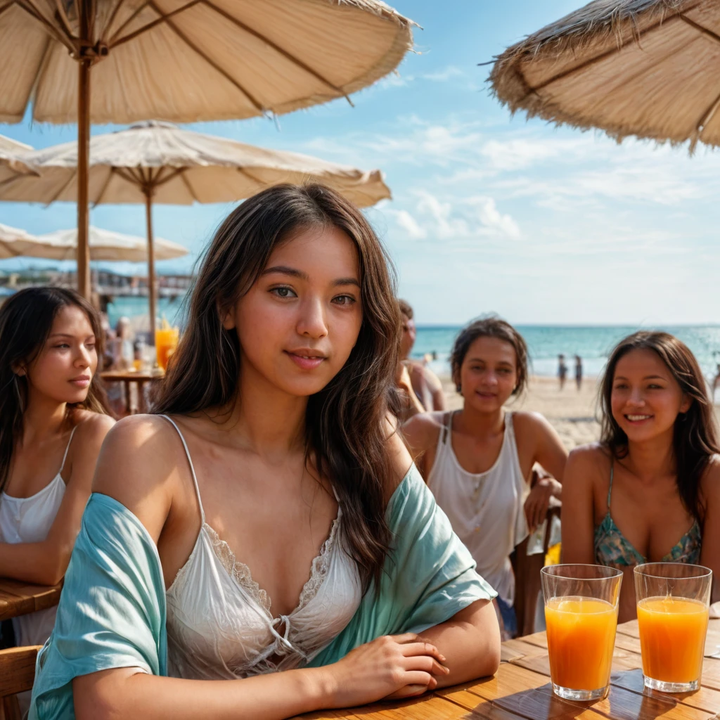 An ultra-realistic portrait of a young woman named anikaxxx, ensuring her face is consistent with previous images. She is sitting on the terrace of a beachside café, holding a glass of orange juice with a natural number of fingers. She is surrounded by a few friends who are also enjoying their drinks. Anikaxxx is looking directly at the camera with a friendly and relaxed expression. The background shows other tables with people, adding to the lively and social atmosphere. The setting includes sun umbrellas, wooden tables, and a view of the beach and ocean. The lighting is natural, highlighting the vibrant and cheerful mood of the scene.