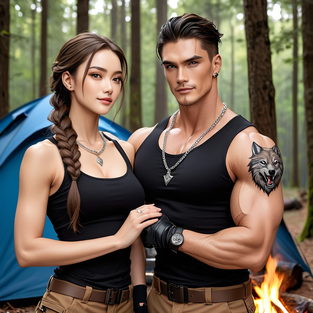 The only man is handsome, with short brown hair, chiseled jaw line, and silver eyes. He have Tall, Muscular build, with a tattoo of a wolf on his right bicep, he wear silver chain necklace.The first female have long, flowing black hair, light brown skin tone, and hazel brown eyes, with slim build, she wear silver jewellery. The second female is tall and slender, with long brown hair that she often wears in a braid, piercing blue eyes, has a small scar above her left eyebrow. They are camping in the wood, with a smile on their face, the man wrapping his hands around his female friends shoulder. They wear matching black sleeveless undershirt, black fingerless gloves, rich brown cargo pants, and black leather boots.