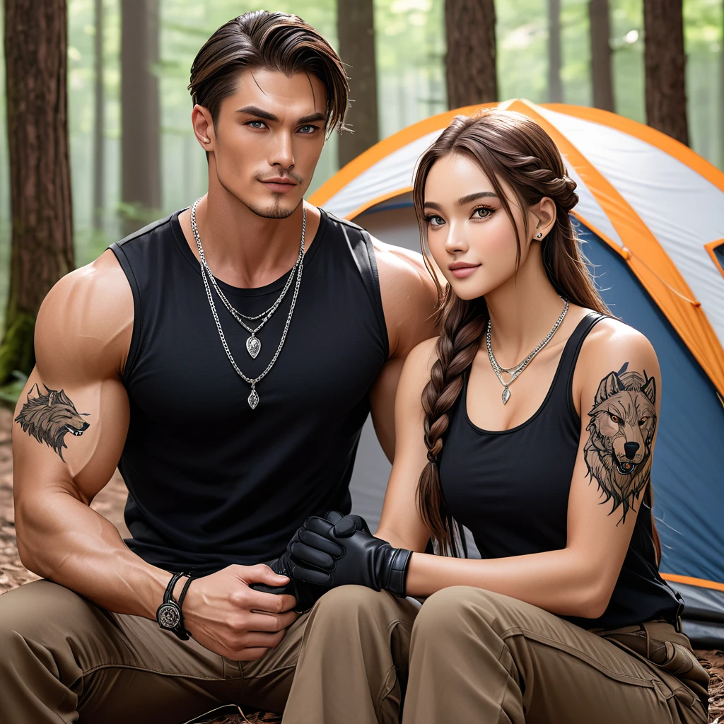 The only man is handsome, with short brown hair, chiseled jaw line, and silver eyes. He have Tall, Muscular build, with a tattoo of a wolf on his right bicep, he wear silver chain necklace.The first female have long, flowing black hair, light brown skin tone, and hazel brown eyes, with slim build, she wear silver jewellery. The second female is tall and slender, with long brown hair that she often wears in a braid, piercing blue eyes, has a small scar above her left eyebrow. They are camping in the wood, with a smile on their face, the man wrapping his hands around his female friends shoulder. They wear matching black sleeveless undershirt, black fingerless gloves, rich brown cargo pants, and black leather boots.