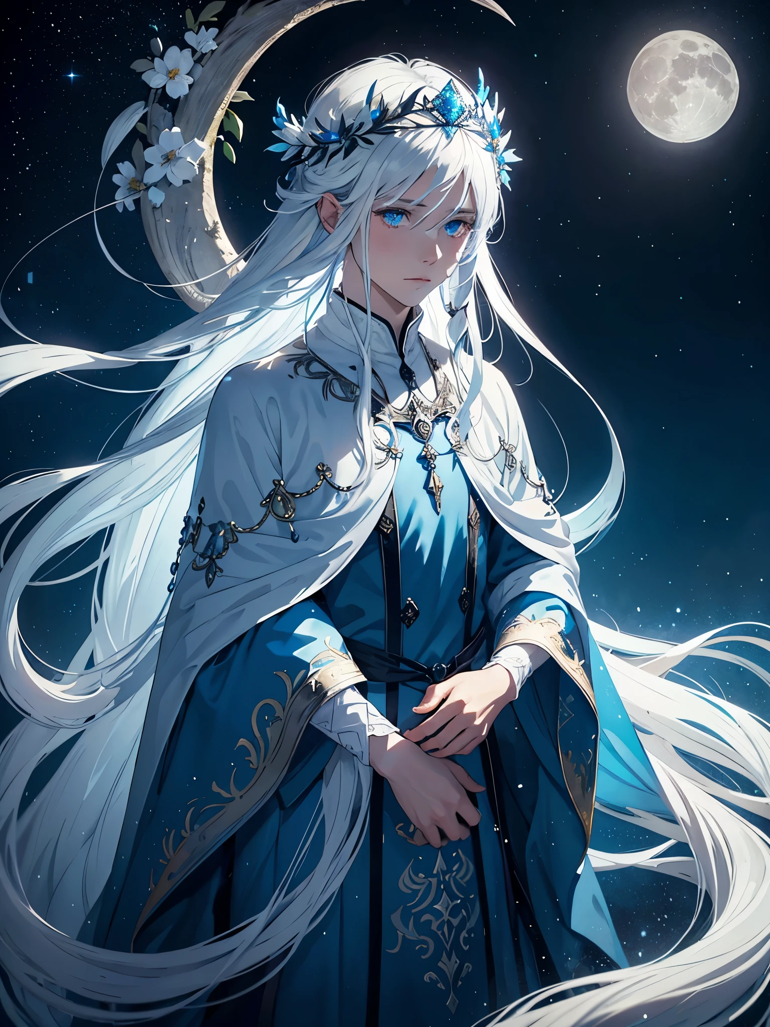 King of the moon. Long hair. long white hair. aquatic, boy, Goddess of the Moon, silver hair accessories, White hair, blue flowers. Blue lights. blue dress, cape, at night, saturated colors, light eyes, bright, light blue light, blue eyes, Jewelry silver