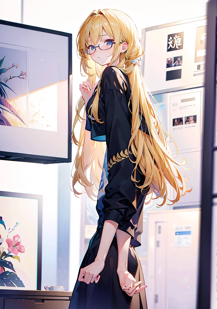 (blonde),Golden pupil,Double braids,Aho,Round glasses,Girl,Wear a white sweatshirt,Black shorts,Standing,Standing picture,whole body,游戏Standing picture,8K,Correct human body,Detailed eye painting,illustration,Highest quality,Exquisite,Detailed face,Masterpiece,flat chest,Slim,young,,High-end,Hand Painted,Official Fanart, Visual novel, Anime style,Girl浪漫, Produced by Anime Painter Studio,masterpiece, best quality, Sharp focus, Intricate details, Perfect, Golden Ratio Composition, 8K resolution, High resolution, fair, fair sky, Vibrant pastel colors