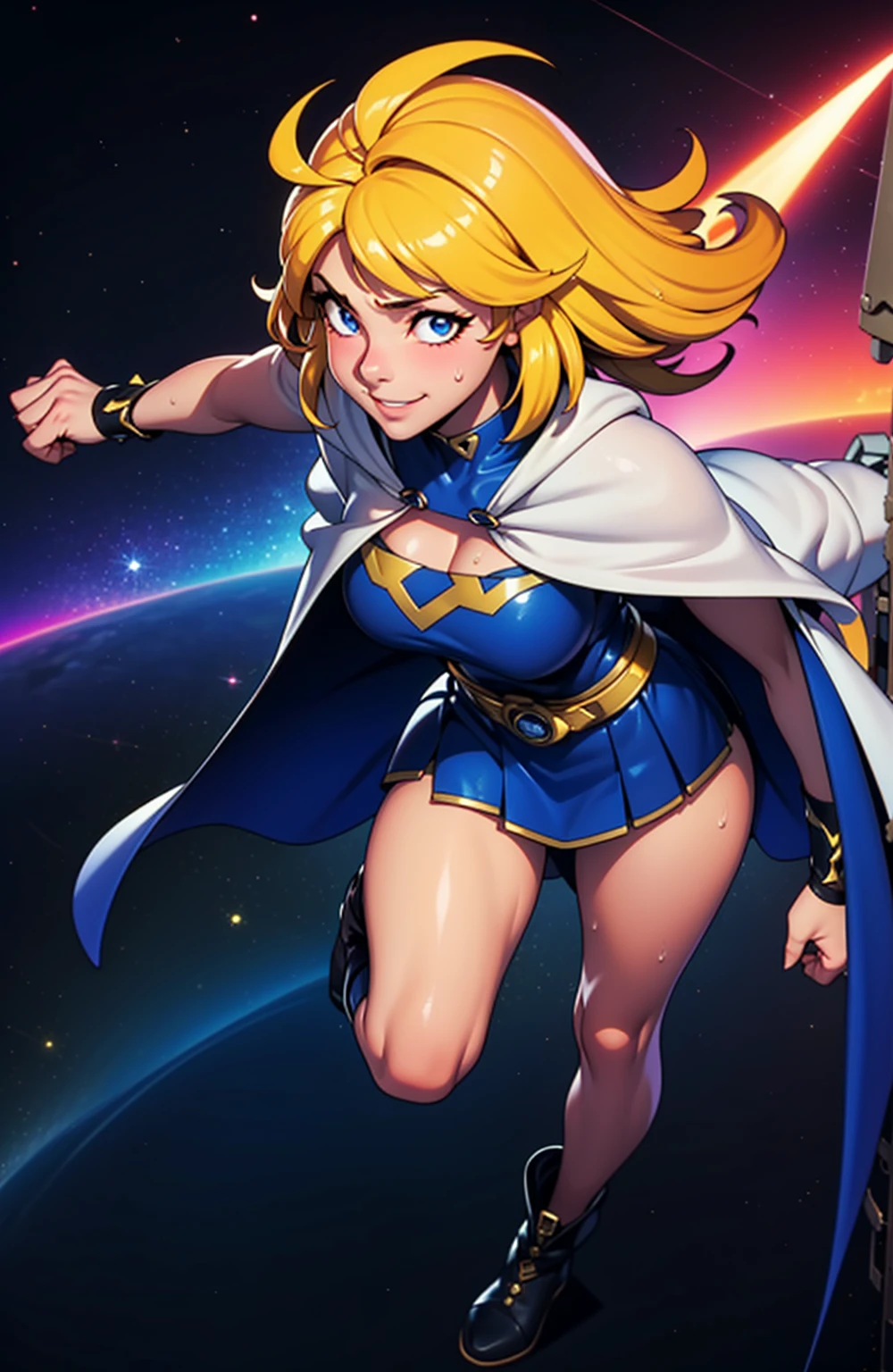 Digital painting of fresh girl with royal blue mixed yellow hair, super hero, muscle girl, highschool skirt, pose, fist up, 1knee up, ((from above)), Behance Contest Winner, afrofuturism, Synthwave, neon, glowing neon, sagging massive breasts, cape, sweat, glossy silky skin, smile, in space, Surrounded by a shining aura. Outer space background, Severe. masterpiece, Highest quality, employment. Diffraction Spikes, Particles of light.