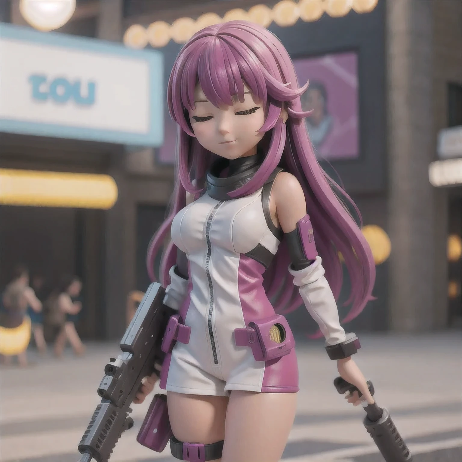 fish
1girl
bangs
blurry
blurry background
blurry foreground
breasts
brown eyes
closed mouth
depth of field
gun
long hair
looking at viewer
mecha
mole
motion blur
multicolored hair
pink hair
smile
solo
thigh strap