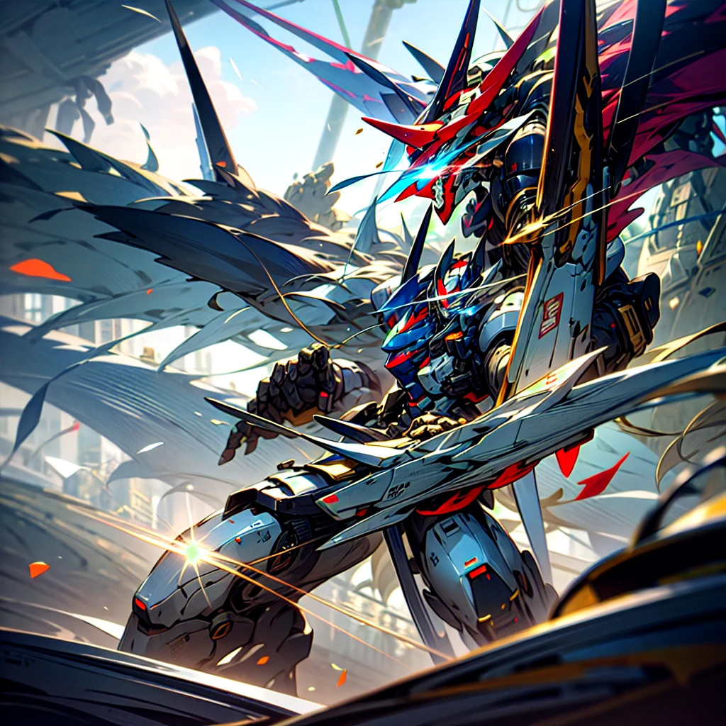 ral-embrglt, (FRS:1.15), (mecha flying in the sky, flying:1.2), best quality, masterpiece, ultra-detailed, mecha robot, (heroic knight armor, ultra-detailed mecha armor), full armor, (very large size mecha:1.1), red_dragon, dragon_horns, glowing eyes, (full body, armored_boots:0.85), (shoulder_armor, mechanical parts:1), (robot joints, military parts:0.85), (visor_\(armor\), heroic parts:1.1), cable, (dynamic pose:1.2), (Detailed eye description:1.2), holding_sword, (energy_sword, detailed weapon description:1.15), no_humans, highres, Octane Render, flame_print, digital artwork, illustrative, painterly, matte painting, highly detailed,,