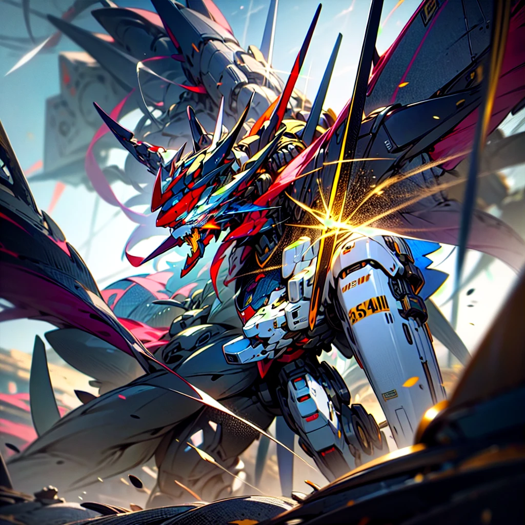 ral-embrglt, (FRS:1.15), (mecha flying in the sky, flying:1.2), best quality, masterpiece, ultra-detailed, mecha robot, (heroic knight armor, ultra-detailed mecha armor), full armor, (very large size mecha:1.1), red_dragon, dragon_horns, glowing eyes, (full body, armored_boots:0.85), (shoulder_armor, mechanical parts:1), (robot joints, military parts:0.85), (visor_\(armor\), heroic parts:1.1), cable, (dynamic pose:1.2), (Detailed eye description:1.2), holding_sword, (energy_sword, detailed weapon description:1.15), no_humans, highres, Octane Render, flame_print, digital artwork, illustrative, painterly, matte painting, highly detailed,,
