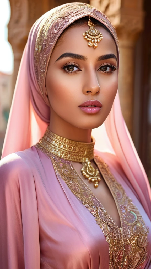 A hijab-wearing woman in a long, flowing pink silk dress, beautiful detailed eyes, beautiful detailed lips, extremely detailed eyes and face, long eyelashes, serene expression, graceful pose, ornate architectural background, golden sunlight, vivid colors, cinematic lighting, award-winning digital art, intricate details, photorealistic, highly detailed