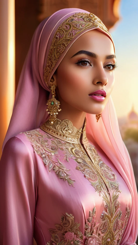 A hijab-wearing woman in a long, flowing pink silk dress, beautiful detailed eyes, beautiful detailed lips, extremely detailed eyes and face, long eyelashes, serene expression, graceful pose, ornate architectural background, golden sunlight, vivid colors, cinematic lighting, award-winning digital art, intricate details, photorealistic, highly detailed