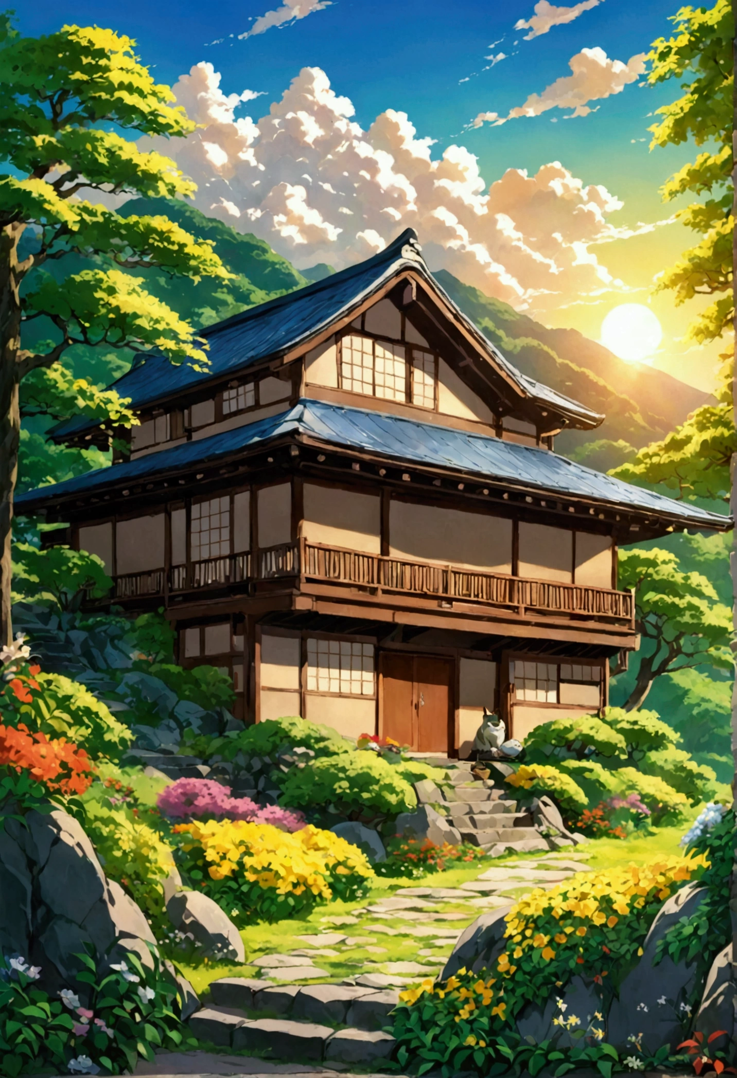 Summer Morning、The sun shines、Japanese mountain house、((Ghibli anime))Nature-rich background, Fantasy, wonderful,