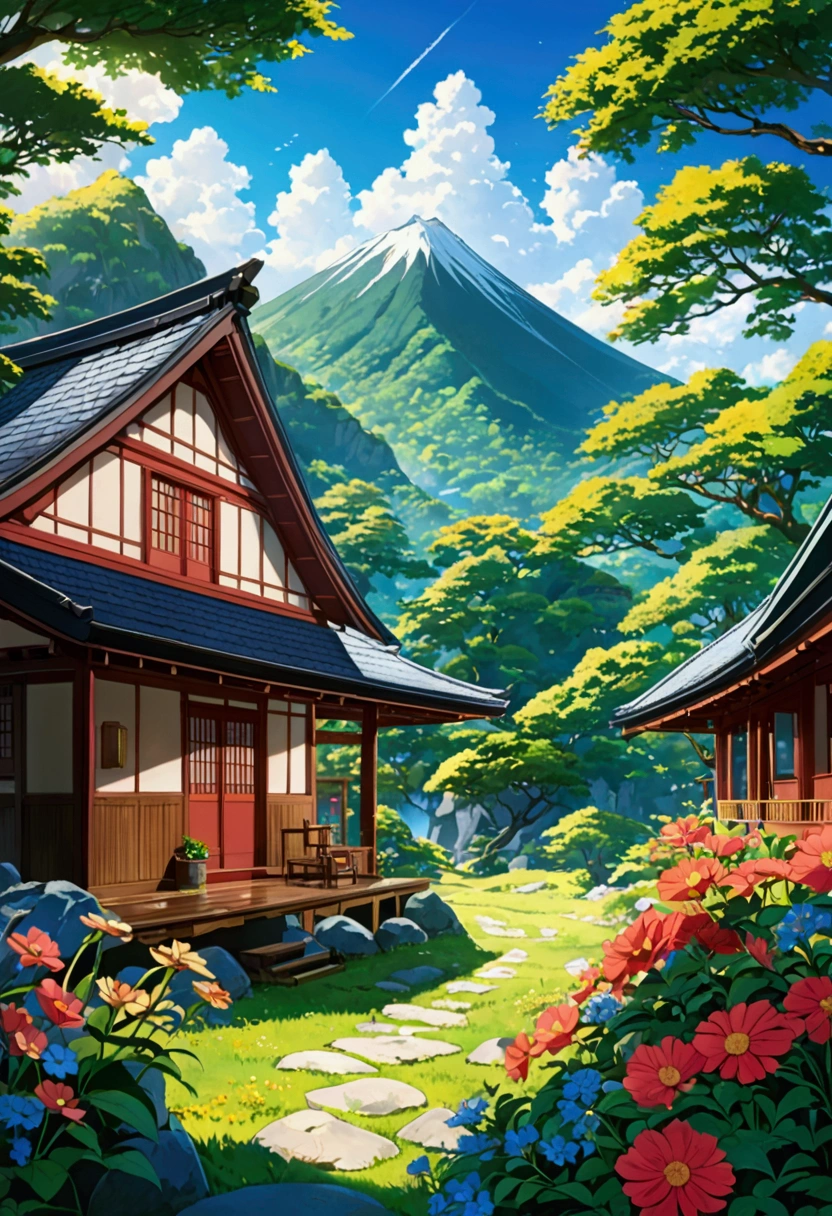 Summer Morning、The sun shines、Japanese mountain house、((Ghibli anime))Nature-rich background, Fantasy, wonderful,