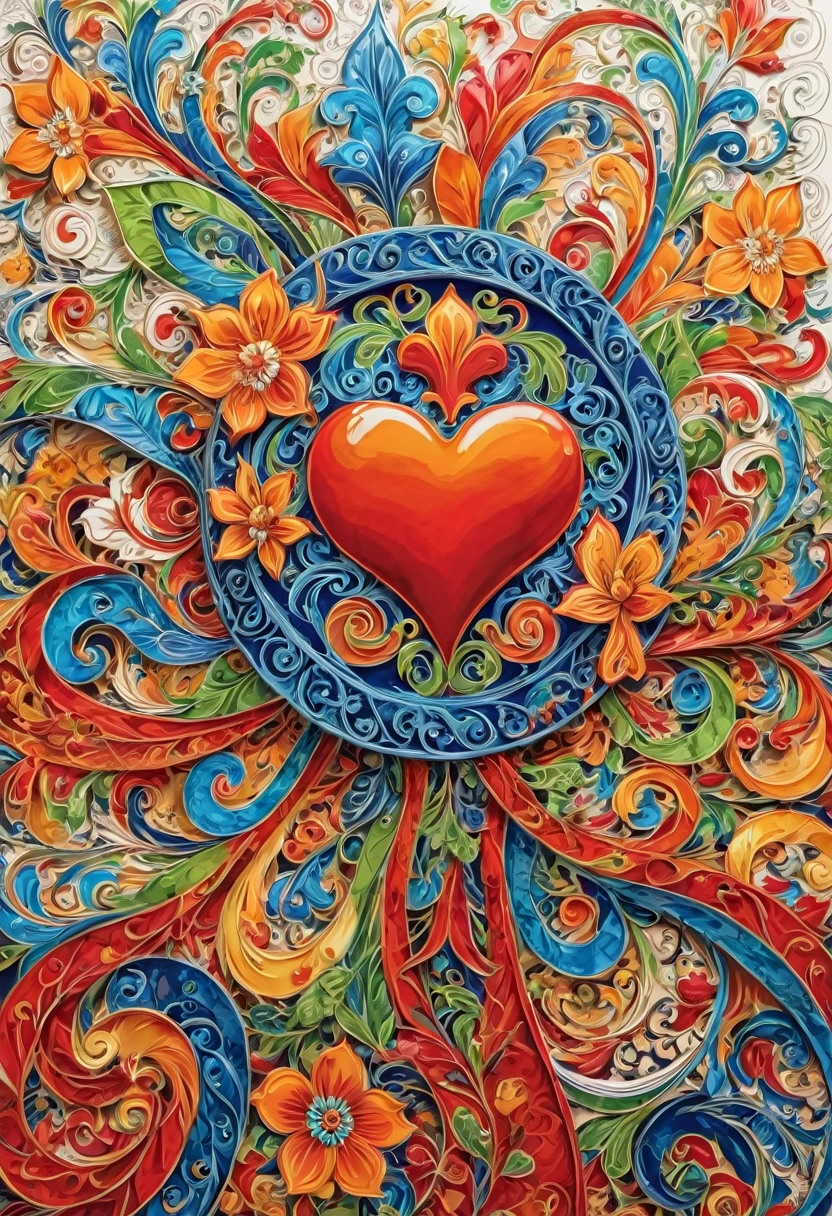 heart-shaped vector art with a colorful illustration, Situated north of Porto, the city of Barcelos is especially the Galo de Barcelos, At the center, swirly vibrant colors, Paint splashes and stains, high détail, t-shirt designs (artwork, best qualityer, proffesional, perfect composition, very aesthetic, absurdrez, super verbose, details Intricate:1.3)