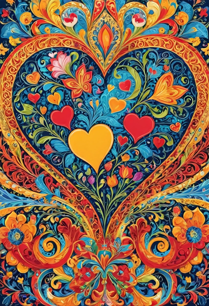 heart-shaped vector art with a colorful illustration, Situated north of Porto, the city of Barcelos is especially the Galo de Barcelos, At the center, swirly vibrant colors, Paint splashes and stains, high détail, t-shirt designs (artwork, best qualityer, proffesional, perfect composition, very aesthetic, absurdrez, super verbose, details Intricate:1.3)