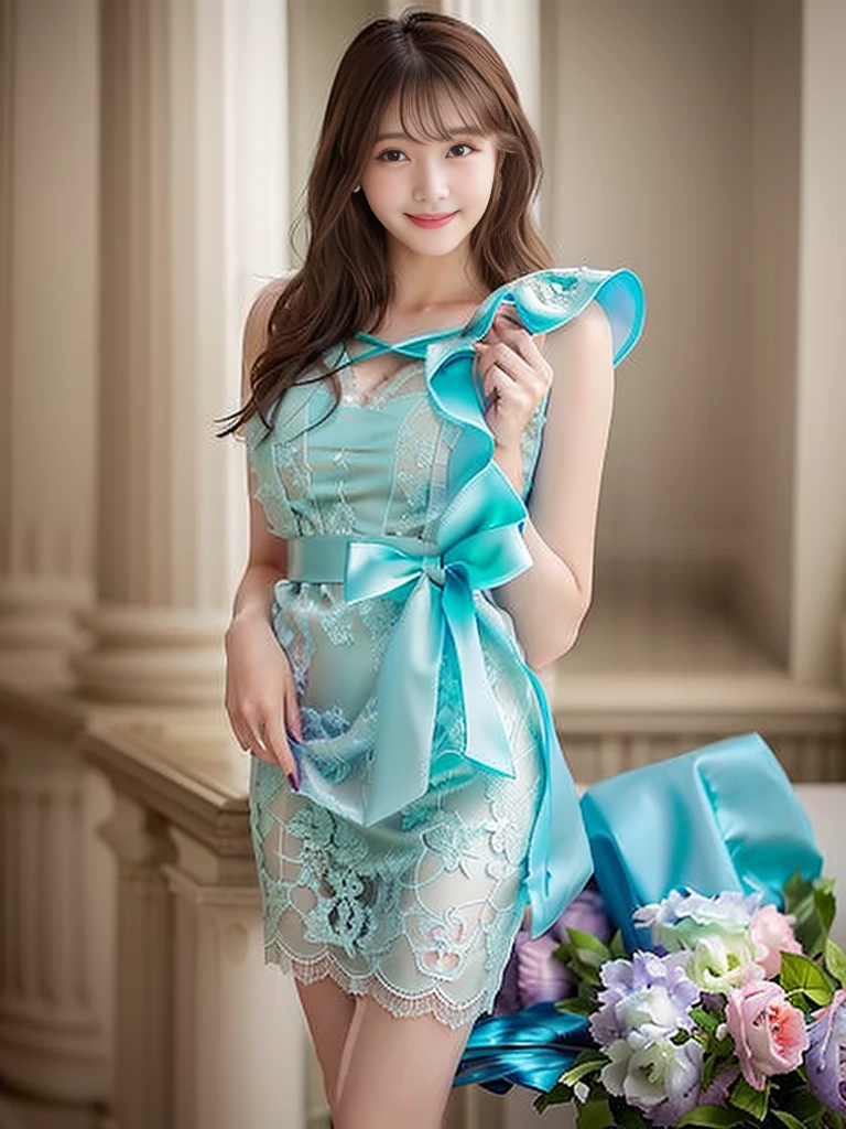 Photo-realistic quality、Woman in dress standing,  Translucent dress,  Elegant Dresses, Fantasy Dress, Pastel Green Dress,  Lace dress, romantic dress,  Lace dress、Detailed and beautiful eyes、Cute smile、Relaxed, soft and gentle expression、looking at the camera、Emphasize cleavage