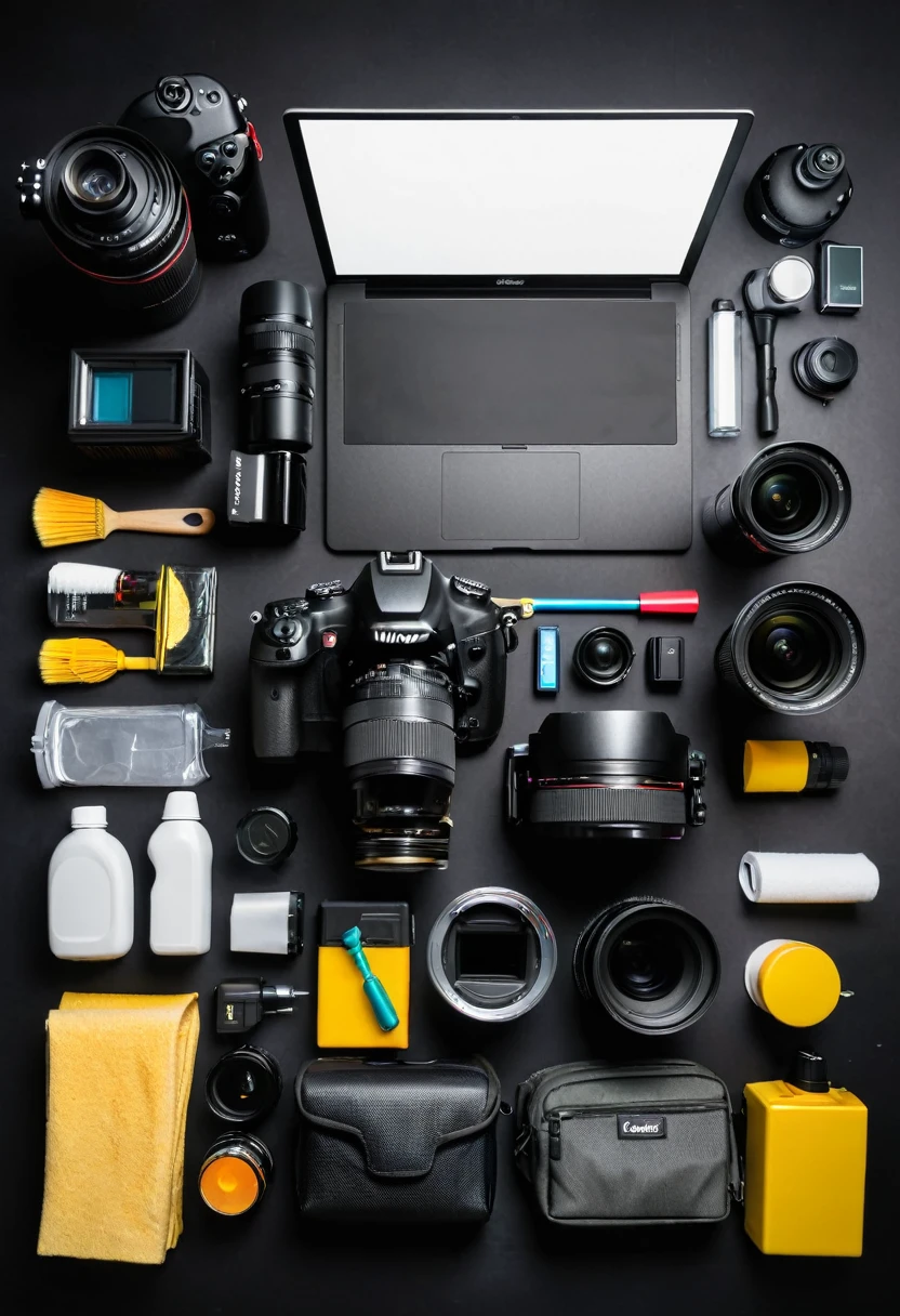 top view of work space photographer with digital camera, flash, cleaning kit, and camera accessory on black table background